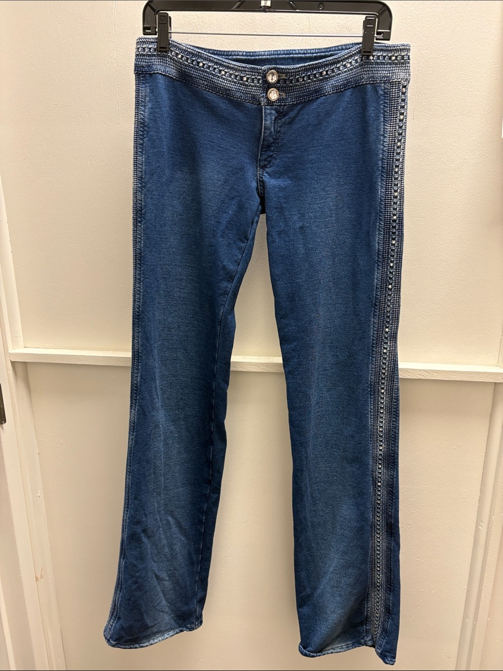 Dark Blue Flare Jeans with Embellished Side Trim